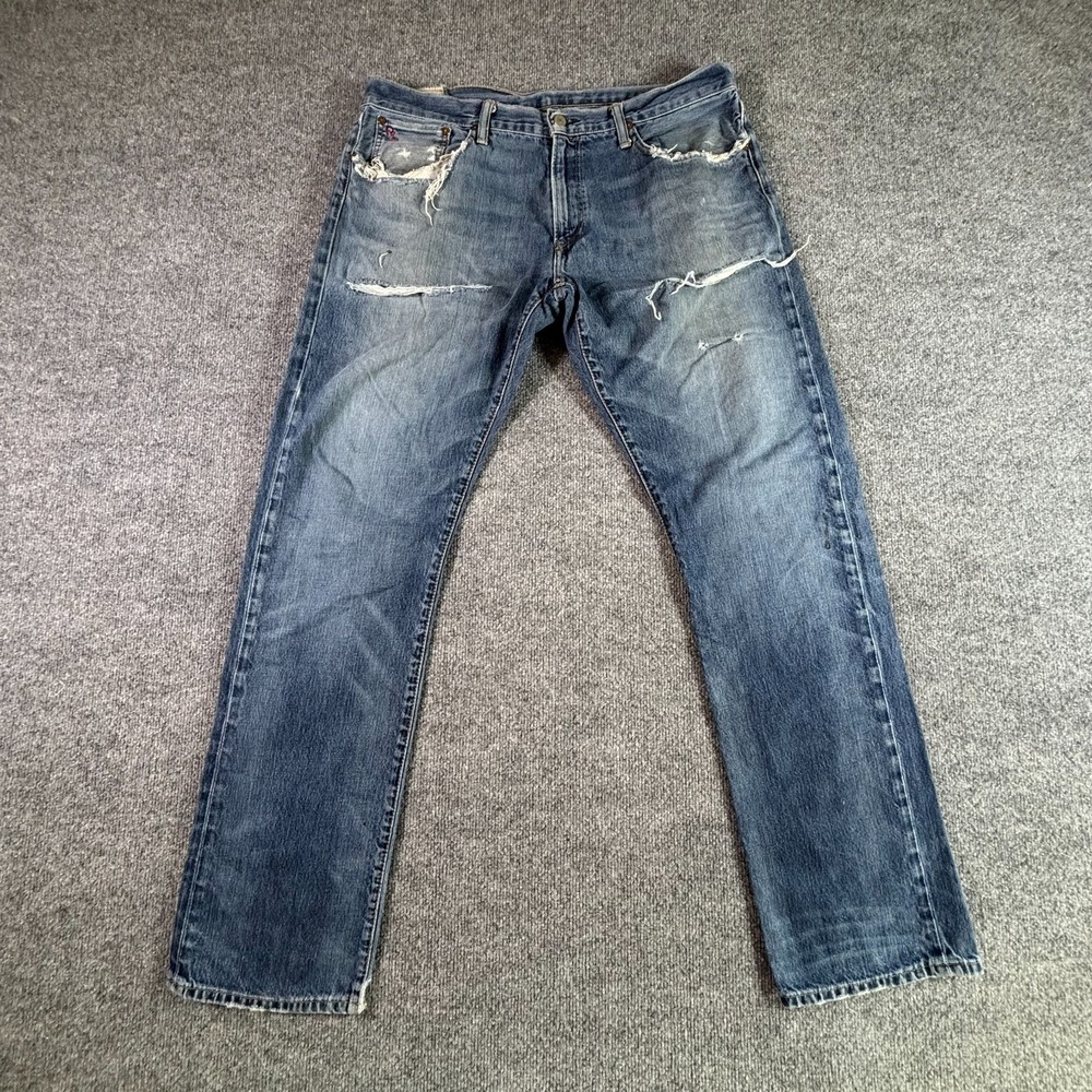 Polo Ralph Lauren Straight Jeans Mens 36x34 Blue Cotton Denim Faded Distressed